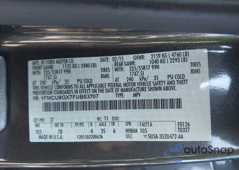 2015 Ford Escape Se from USA, damaged, VIN 1FMCU9GX7FUB53707